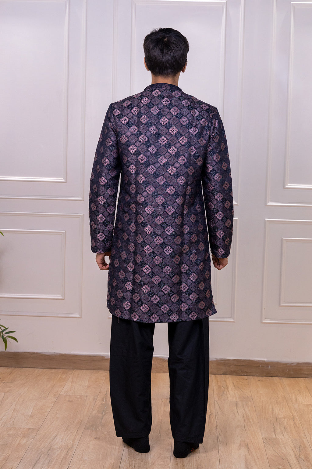 Men's black Jacquard kurta with geometric pattern | Designer ethnic wear kurta for festive occasions